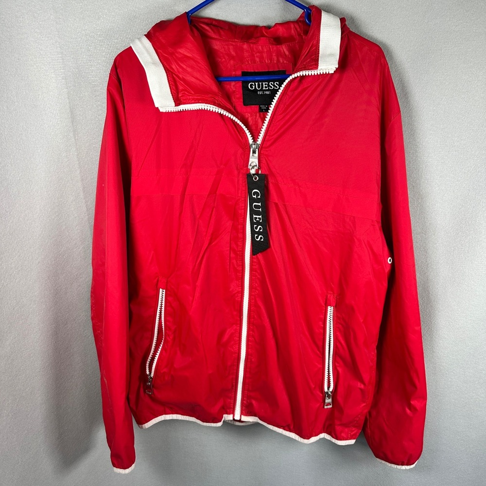 Guess Windbreaker Jacket Mens Large Red Hooded Full Zip Nylon